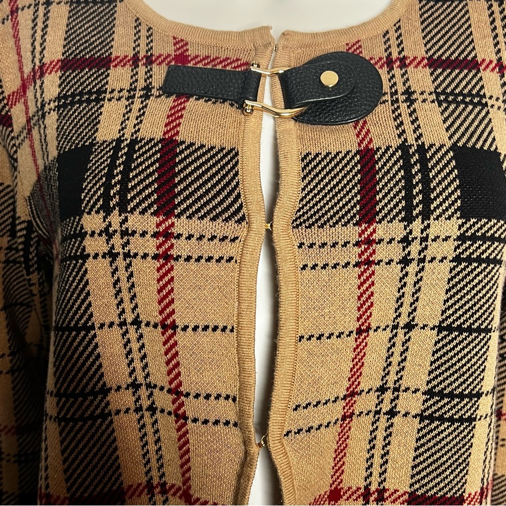 Anne Klein Tan Plaid 3/4 Sleeve Casual Long Cardigan Sweater Womens Size Large - Picture 4 of 6